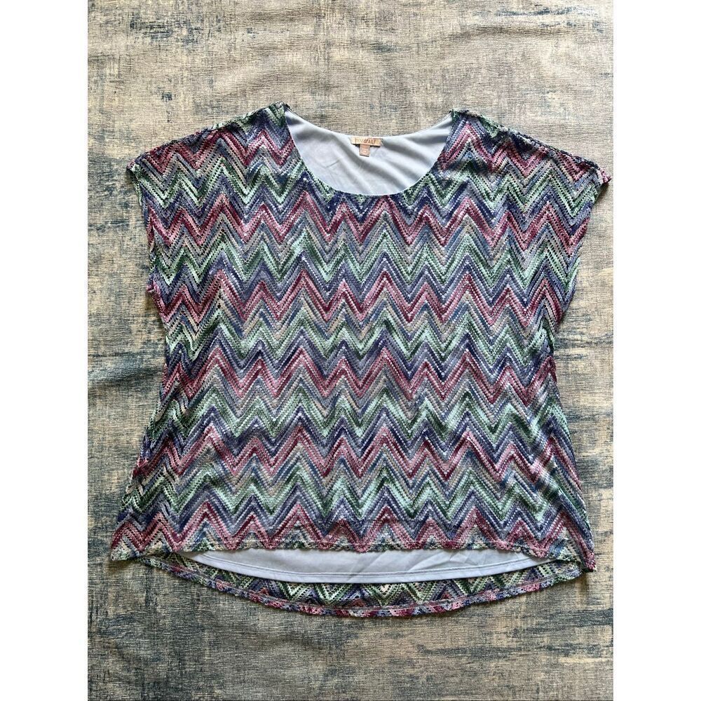 Roz & Ali Blue Green Purple Zig Zag Crochet Overlay Blouse Women's 3X